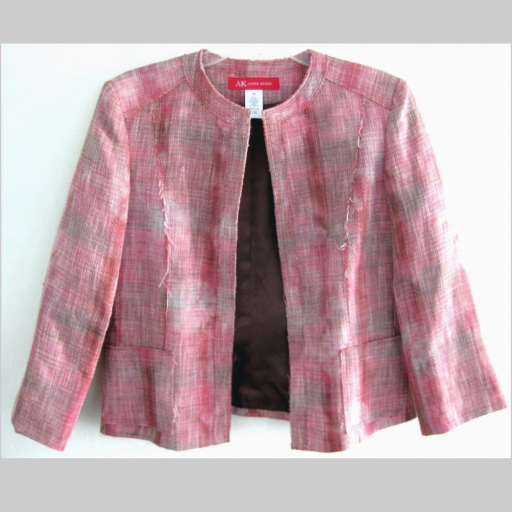 NWOT Anne Klein plaid jacket 10 Pink Linen bl Open front Pockets Blazer Lined